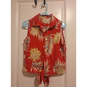 Banana Bay Womens Red 100% Silk Tropical Floral Sleeveless Resort‎ Top Medium